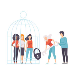 Women Opening Cage with Young Women Who Sitting Inside, Girls Advocating for Gender Equality, Freedom, Civil Rights, Independence Vector Illustration