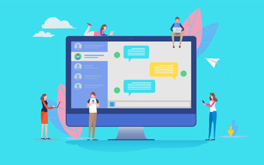 Group of people use social media online chatting application. People vector illustration. Flat cartoon character graphic design. Landing page template,banner,flyer,poster,web page