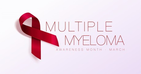 Multiple Myeloma Awareness Calligraphy Poster Design. Realistic Burgundy Ribbon. March is Cancer Awareness Month. Vector