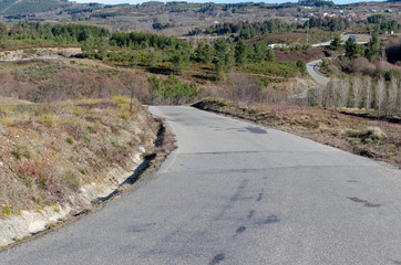 Narrow mountain road in the south of the province of Ourense, Galicia. Spain.