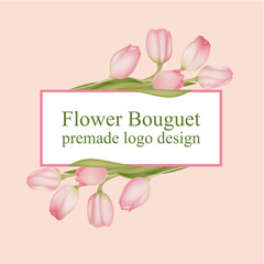 Logo with flowers, design with tulips, vector image of flowers, spring card for congratulations, pink flower buds, a bouquet of tulips