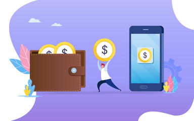 People transfer money from smartphone to wallet. Flat cartoon character graphic design. Landing page template,banner,flyer,poster,web page