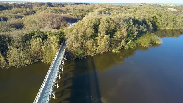Aerial drone tilt shot of boardwalk leading to the grasslands in Oso Flaco, located on the Central Coast of California, Santa Barbara County