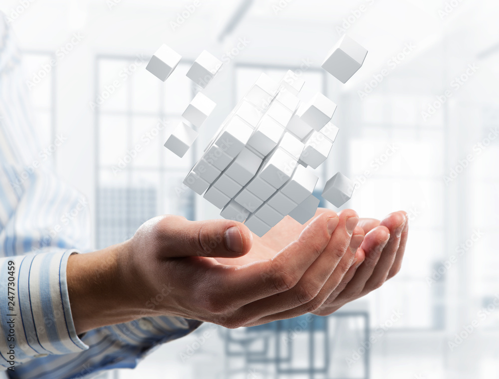 Poster concept of technology integration and innovation presented by cube figure. mixed media
