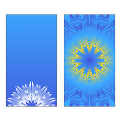 Yoga Card Template With Mandala Pattern. Vector illustration. Blue, yellow, white color. For Visit Card, Business, Greeting Card Invitation. Islam, Arabic, Indian, Mexican Ottoman Motifs.