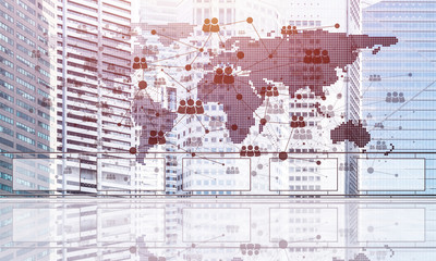 Obraz premium Concept of global communication and networking with world map over cityscape