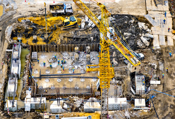 Aerial view of foundation work on a construction site. 