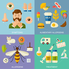 Allergy symptoms and treatment vector square illustration.  The most common allergens icons set, flat style. Medicine and health symbols. Medical background.