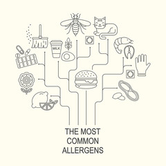 Allergy causes vector illustration. The most common allergens line style icons set. Medical background. Medicine and health pattern.