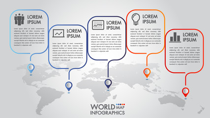 World map business infographics 5 step options vector illustration and design template with pointer marks.Can be used for communication connect, workflow layout, banner, diagram, number, web design.
