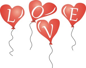 A set of balloons in a shape of the red hearts with an inscription 'love'