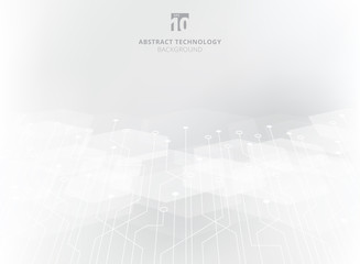 Abstract technology circuit board on gray geometric hexagon overlay pattern perspective background.