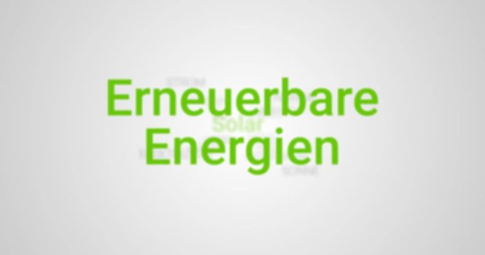 Regenerative Energie. Video Intro das eine Präsentation zum Thema Erneuerbare Energien zeigt (z.B. Wasserkraft, Wasserkraftwerk, Energiegewinnung). Grauer Hintergrund, grüner Text. Tag Cloud