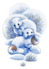 Two cute watercolor stoats surrounded by bushes and snow drifts