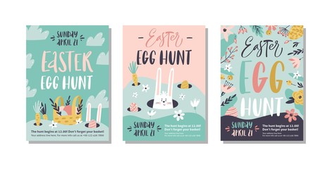 Easter egg hunt poster or invitation template. Vector illustration. - 247733650