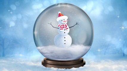 Snowman Snow Globe 4K Loop features a Snow Globe in a winter scene with a snowman amidst falling snow in the globe animated in a loop - Powered by Adobe