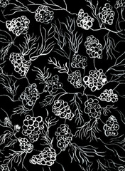 Seamless autumn nature pattern. Tree branches, autumn leaves, maple seeds, rowan berries and flowers on brown background. Cartoon boundless background for your design.
