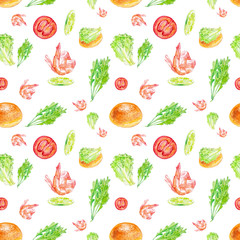 Watercolor Seamless pattern with shrimp, lime, tomato, salad, bun and herbs . Illustration isolated on white background