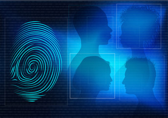 Biometric electronic system for identification of individual identity. Background with faces of people man and woman in profile silhouette and fingerprint