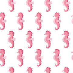 Vector seamless pattern with cute pink sea horse on white background.