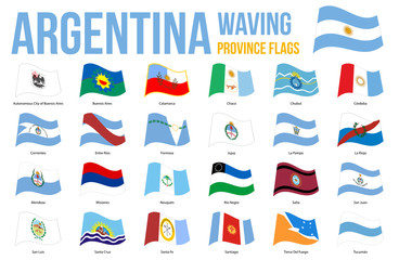 Argentina Province Flags Waving Vector Illustration on White Background. Provinces of Argentina All Flags.