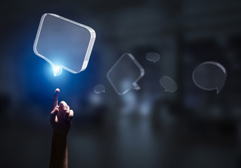 Online communication and connection concept presented by blank chat icon. Mixed media