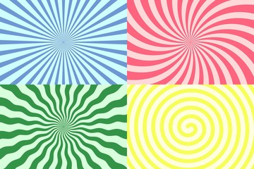 Set of vector swirl and radial backgrounds. Spiral stripes in retro pop art style