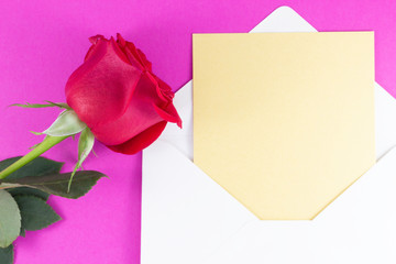 A fresh red rose big bud and petals with green leaves near white triangle envelope and empty yellow letter Pink background Invitation Minimalist concept Copy Space and template