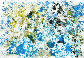 art abstract grunge textured background with blue, violet, brown and golden blots. Texture of watercolor spray. Hand painted.
