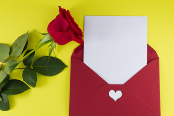 A fresh red rose big bud and petals with green leaves near white empty letter in dark red open envelope Yellow background Invitation or Felicitation Minimalist concept Copy Space and template