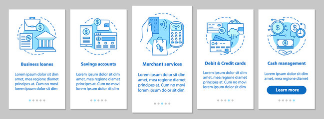 Banking services onboarding mobile app page screen with linear c