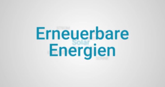 Erneuerbare Energie. Video Animation die Informationen &uuml;ber Alternative Energien zeigt (z.B. Erdw&auml;rme, Geothermie, W&auml;rmepumpe). Grauer Hintergrund, blauer Text. Tag Cloud