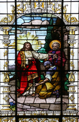Jesus and the centurion. Lord, I am not worthy to have you come under my roof..., stained glass...