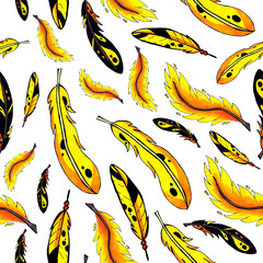 yellow and orange feathers seamless pattern. colorful bird feathers repeating background for web and print purpose. marker art