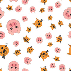 Fototapeta premium Seamless pattern of pig and cat heads.