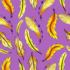 Fototapeta na wymiar yellow and orange feathers seamless pattern. colorful bird feathers repeating background for web and print purpose. marker art