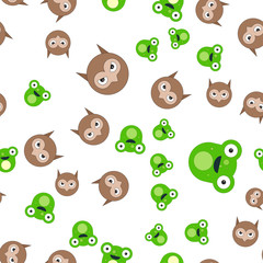 Seamless pattern of the head of a frog and owl.