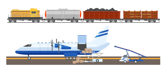 Fototapeta premium Airplane, air transport airliner. Railway train with trailer wagons tank.