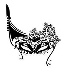 elegant carnival mask with rose flowers and venetian gondola boat - black vector silhouette design © Cattallina
