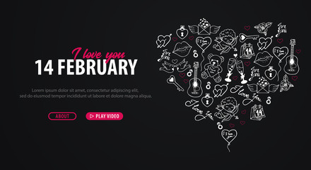 Valentines Day banner with doodle background. 14 February. Vector Illustration.