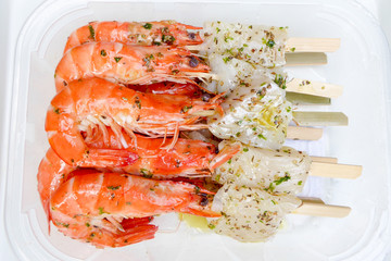 close up of shrimps and fish prepared for babeque, party, events.
