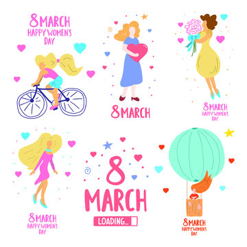 Set for Happy International Women's Day. 8 march. Hand drawn vector lettering illustration for postcard, social media, t shirt, print, stickers, wear, posters design.