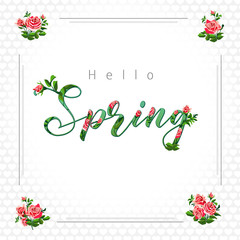 Hello spring holiday card. Colorful emblem with element of calligraphy.  Organic colored logotype, lettering with plants. Bright badge. Vector illustration. Abstract isolated graphic design template.