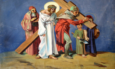 5th Stations of the Cross, Simon of Cyrene carries the cross, Church of St. Aloysius in in Travnik, Bosnia and Herzegovina 