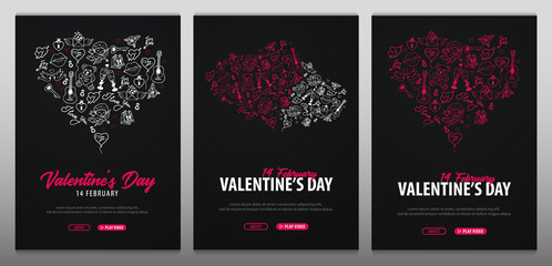 Valentines Day banners with doodle background. 14 February. Vector Illustration.