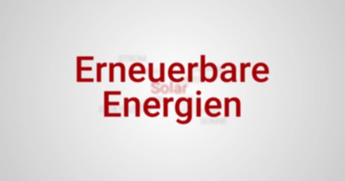 Alternative Energie. Video Animation die Informationen &uuml;ber Erneuerbare Energien zeigt (z.B. Windenergie, Windpark, Kraftwerk). Grauer Hintergrund, roter Text. Tag Cloud