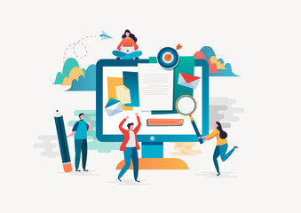 People fill out a form. Online application. Flat cartoon character graphic design. Landing page,banner,flyer,poster,web page