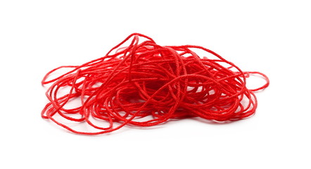Red strings for sewing and knitting, isolated on white background