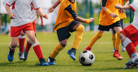 Obraz na płótnie Canvas Children Play Soccer Game. Young Boys Running and Kicking Football Ball on Grass Sports Field