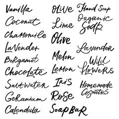 Naklejka premium Handmade vanilla, coconut, chamomile, lavender, bergamot, chocolate, geranium, calendula, olive, lime, melon, lemon, iris, rose and wild flowers soap bar labels with handdrawn lettering